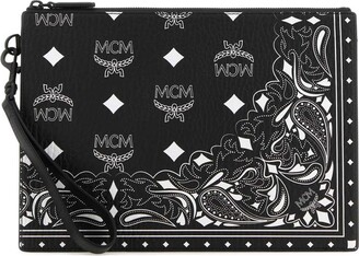 MCM Veritas Medium Dark Grey Denim Monogram Logo Canvas Clutch Pouch Handbag