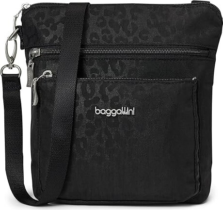 Baggallini Modern Pocket Crossbody Cross Body Women's Handbags Black Cheetah Emboss, Nylon/Polyester