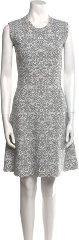 Alaia A-Line Dress Blue Lace Pattern Scalloped Accent Sleeveless with Crew Neck Concealed Zip Closure at Back Designer