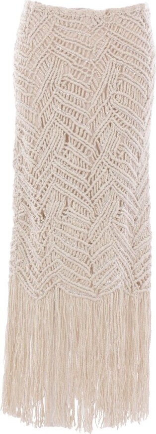 Brunello Cucinelli Fringed Ribbed-Knit Midi Skirt