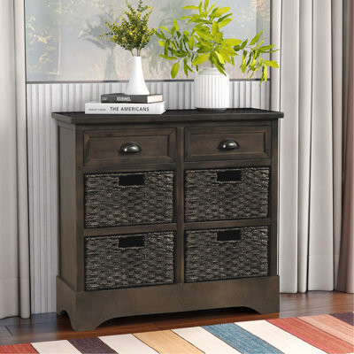 August Grove Stylish Storage Cabinet With Drawers And Rattan Baskets For Versatile Use