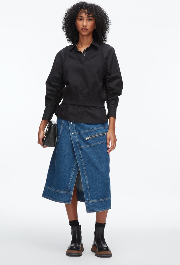 Layered Vest Ruched Sleeve Shirt in BLACK-BLACK
