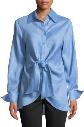 Neiman Marcus Tie-Front Button-Front Blouse