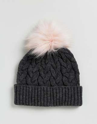 ASOS Cable Pom Beanie With Pink Faux Fur Pom