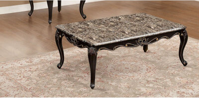 Hokku Designs Transitional Style Coffee Table Marble Top Cabriole Legs Golden Highlight Curved Details Dark Walnut Finish