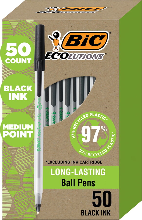 BIC Ecolutions Round Stic Ball Point Pen, Black, 1.0mm Medium Point, 50 Pack