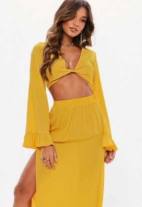 Missguided Petite Mustard Yellow Twist Front Flared Sleeve Crop Top