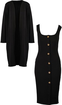 boohoo Collarless Duster and Button Through Midi Dress Set