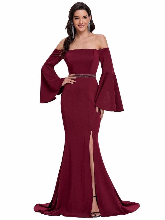 maroon off the shoulder dress