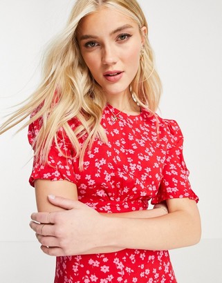 New Look tie back ruched sleeve midi dress in red ditsy floral - ShopStyle