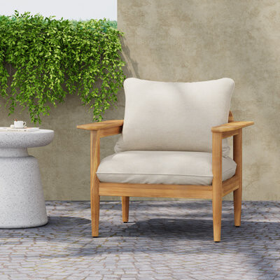 George Oliver Terassi Outdoor Acacia Wood Lounge Chair with Cushions Teak Finish and Beige Fabric