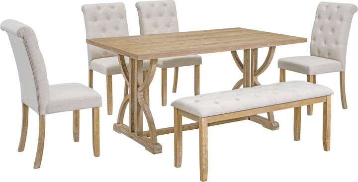 Dovelina 6-Piece Retro Rectangular Dining Table Set, Table with Unique Legs and 4 Upholstered Chairs & 1 Bench for Dining Room and Kitchen (Natural Wood Wash)
