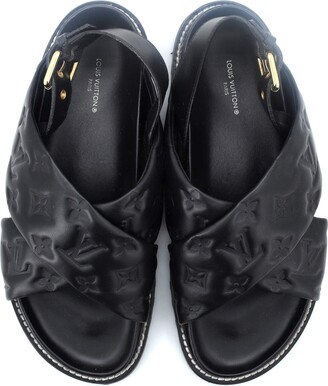 LOUIS VUITTON Lambskin Monogram Embossed Paseo Flat Comfort Sandals 40  Black 1081551