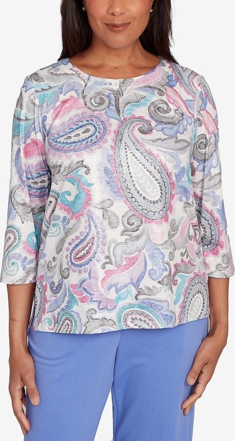 Alfred Dunner Petite Casual Vibe Pleated Paisley Crew Neck Top