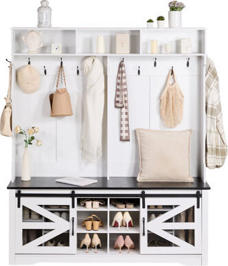 Hall Tree Entryway Bench, LED Coat Rack with Shoe Storage, 59" Wide Mudroom Bench with Storage and Seating, Adjustable Shelves and 12 Hanging Hooks, f
