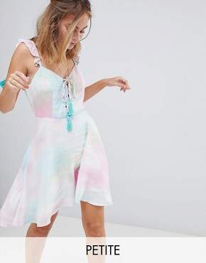 Sisters Of The Tribe Petite Cami Tea Dress With Lace Up & Tassel In Tie Dye