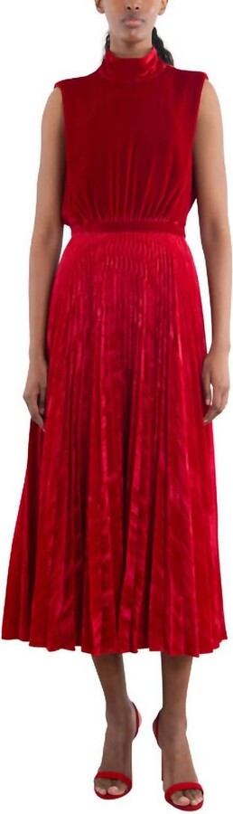 Fleur Velvet High Neck Dress In True Red