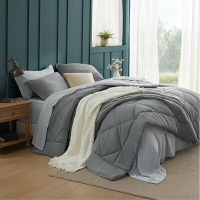HONGZHIXINXI Queen-Size 7-Piece Double-Sided Grey Bedding Set Suitable For All Seasons Includes A Down Comforter Sheet And Pillowcases.