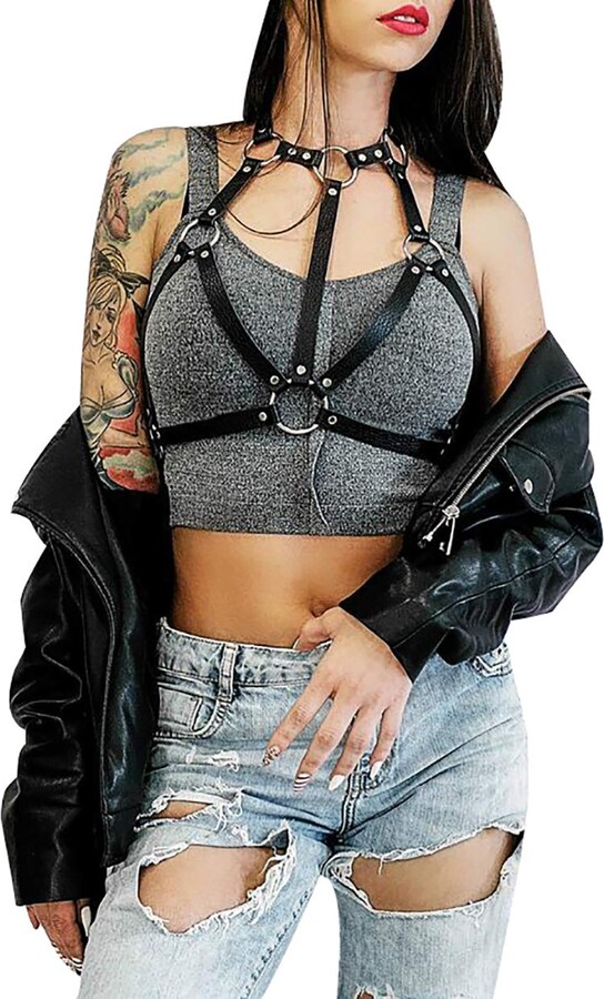Women Black Leather Body Chest Straps Harness Waist Belt Caged Bra  Adjustable Rave Festival Club Party