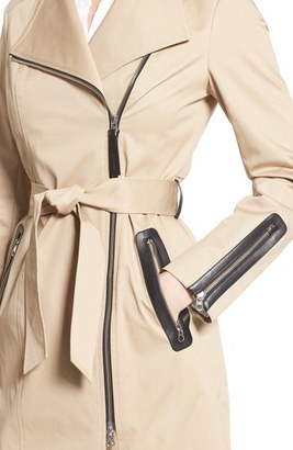 Mackage Leather Trim Asymmetrical Zip Long Trench Coat