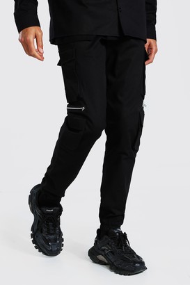 boohoo Mens Black Tall Man Twill Zip Multi Pocket Cargo Trouser - ShopStyle
