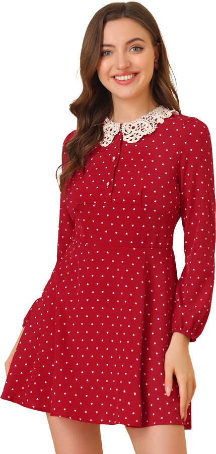 Unique Bargains Women’s Peter Pan Collar Long Sleeve Heart Print Mini Dress M Burgundy