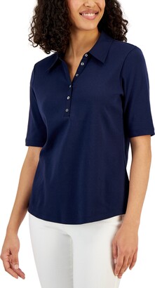 Karen Scott Petite Cotton Elbow Sleeve Henley Shirt, Created for Macy's