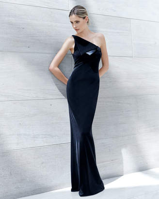 Emporio Armani One-Shoulder Velvet Jersey Column Evening Gown w/ Satin Trim
