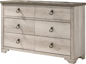 1Pc Cottage Style Distressed 6 Drawer Dresser Contrasting Weathered Brown Top Traditional Ring Pull Hardware Wooden