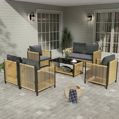Latitude Run New Comming Patio 6 Pieces Brown Sofa Set With Cushion