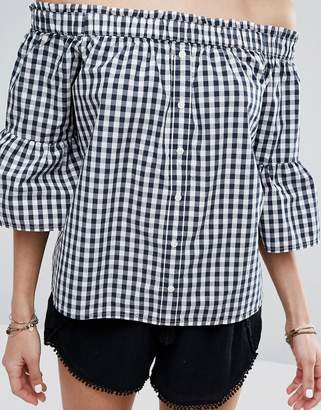 Abercrombie & Fitch Off-Shoulder Gingham Button-Front Shirt