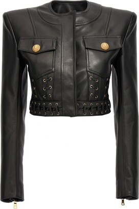 Balmain Laced Detail Cropped Leather Jacket
