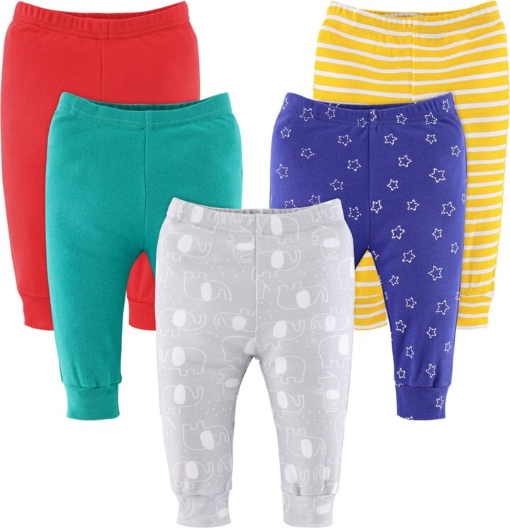 The Peanut Shell The Baby Boy or Girl Pants, 5-Pack, Elephant Brights - Grey/blue/green/yellow/orange