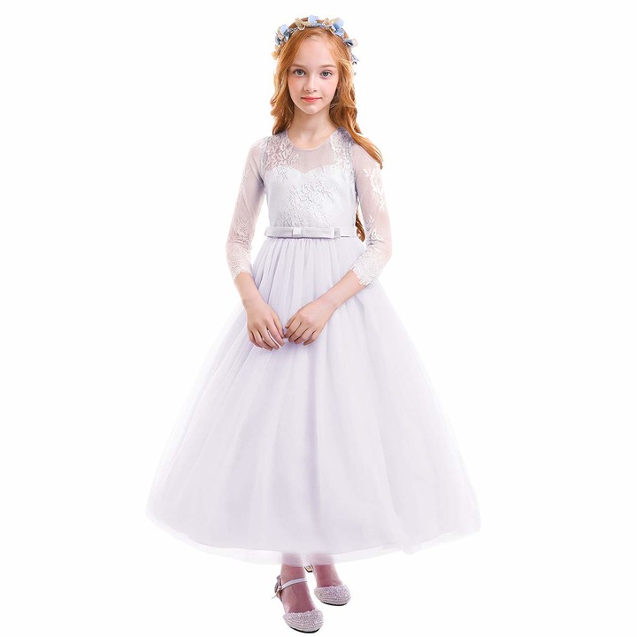 OBEEII Toddler Girls Flower Girl Dress Long Sleeve Floral Lace Ball Gown for Ceremony Communion