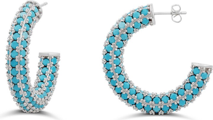 SHYMI Blue / Silver Colored Crystal Pave Hoop Earrings - Silver Turquoise