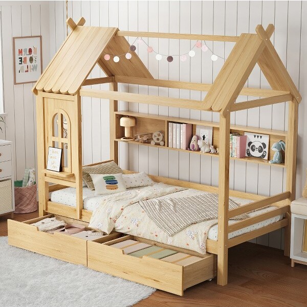 VASIPTwinSizeHouseBedwithWindowStorageDrawers&ShelvesSolidWoodPlatformFrameforKidsNatural