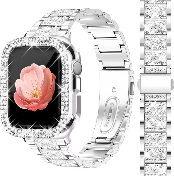 NEW Diamond case+Strap For Apple Watch Band 41mm 38mm 42mm 45mm 40mm 44mm Metal Belt IWatch Series 9 8 7 SE 6 5 Women Bracelet