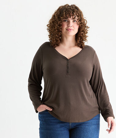 A.N.A Plus Womens Henley Neck Long Sleeve Henley Shirt