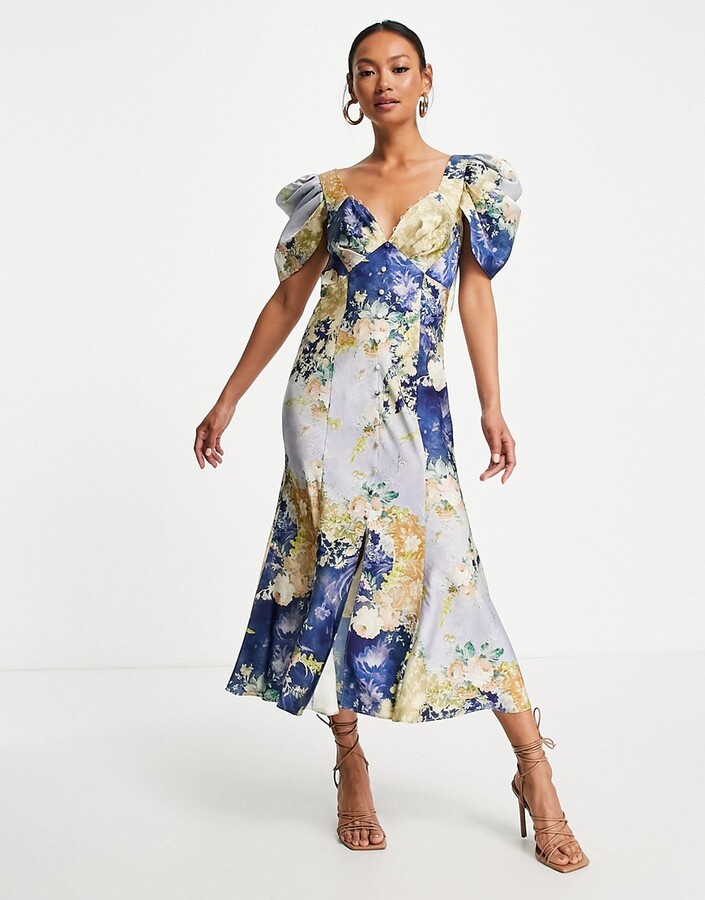 ASOS DESIGN button through midi tea dress with drape shoulder detail in  mixed floral print - ShopStyle