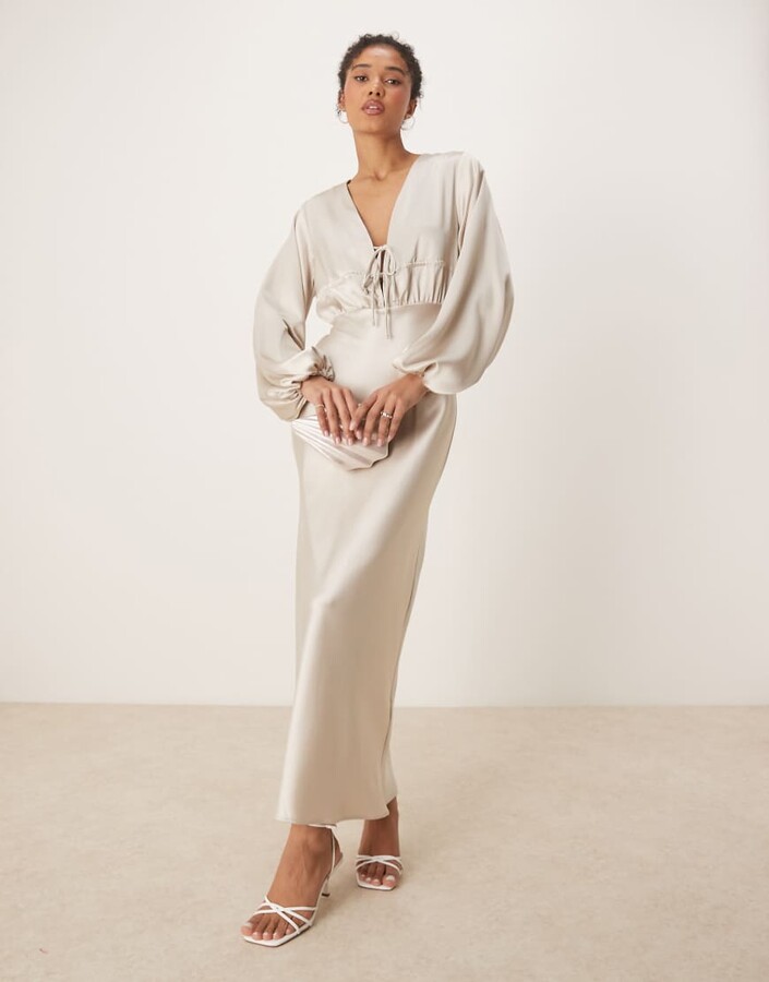 Gina Tricot satin long sleeve v neck tie front dress with ruched details in light beige
