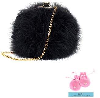 Zarapack Women's Genuine Fluffy Feather Fur Round Clutch Shoulder Bag