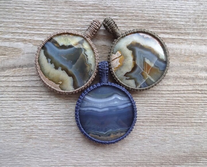 Etsy Statement Natural Gray Agate Macrame Pendant Necklace, Large Big Round Stone Stone, Gemstone Pendants