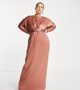 Thumbnail for your product : ASOS Curve ASOS DESIGN Curve satin maxi dress with batwing sleeve and wrap waist in mink