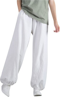 Wide Leg Pants Womens Elastic Waist Casual Cotton Linen Pull On Relax Fit Lantern Pants Loose Harem Cropped Trousers 