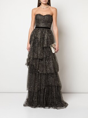 Marchesa Notte Ruffled Tiered Strapless Gown