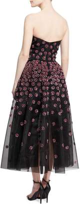 Zac Posen Daisy-Embroidered Strapless Tea-Length Gown, Pink/Gray