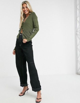 Object Nina button front cropped knit cardigan in green