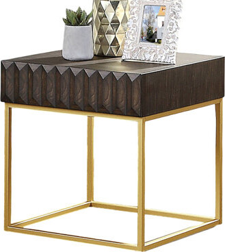 Latitude Run Contemporary Style End Table Metal Structure Conceal Drawers Gold Steel Legs Walnut And Gold Finish Ball Bearing Glides Texture Panel Coffee Table-Not