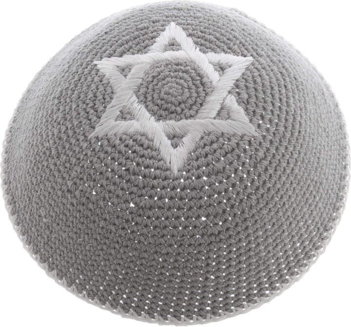 Rimmon Judaica Knitted Grey Cotton Kippah with White Star of David and