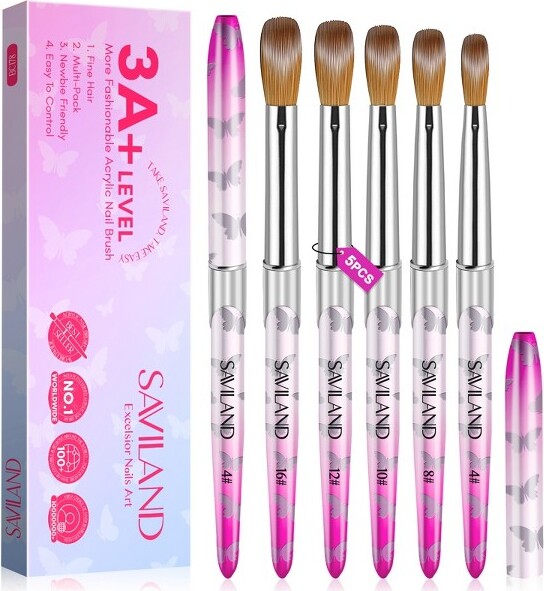 Saviland 5-Piece Kolinsky Acrylic Nail Brush Set for Acrylic Nails - Sizes 4-16 (Select Sizes) with Butterfly Pink Handles?